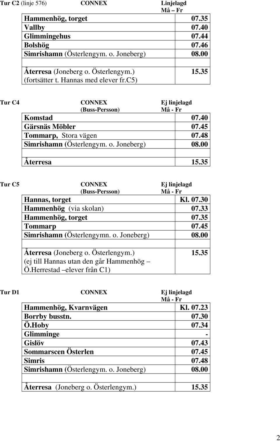 33 Hammenhög, torget 07.35 Tommarp 07.45 Simrishamn (Österlengymn. o. Joneberg) 08.00 Återresa (Joneberg o. Österlengym.) (ej till Hannas utan den går Hammenhög Ö.Herrestad elever från C1) 15.