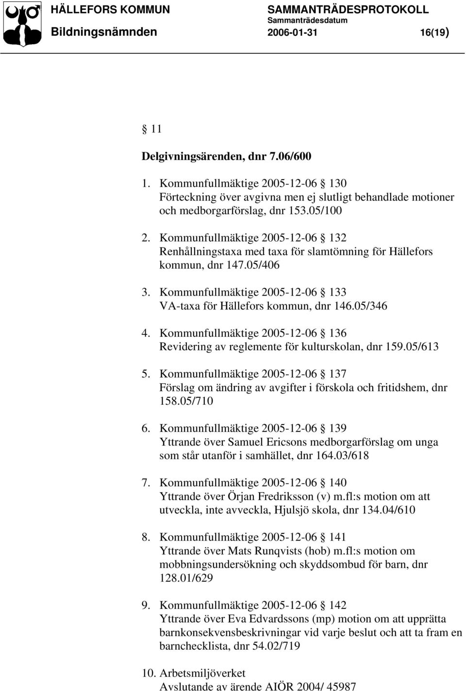 05/346 4. Kommunfullmäktige 2005-12-06 136 Revidering av reglemente för kulturskolan, dnr 159.05/613 5.