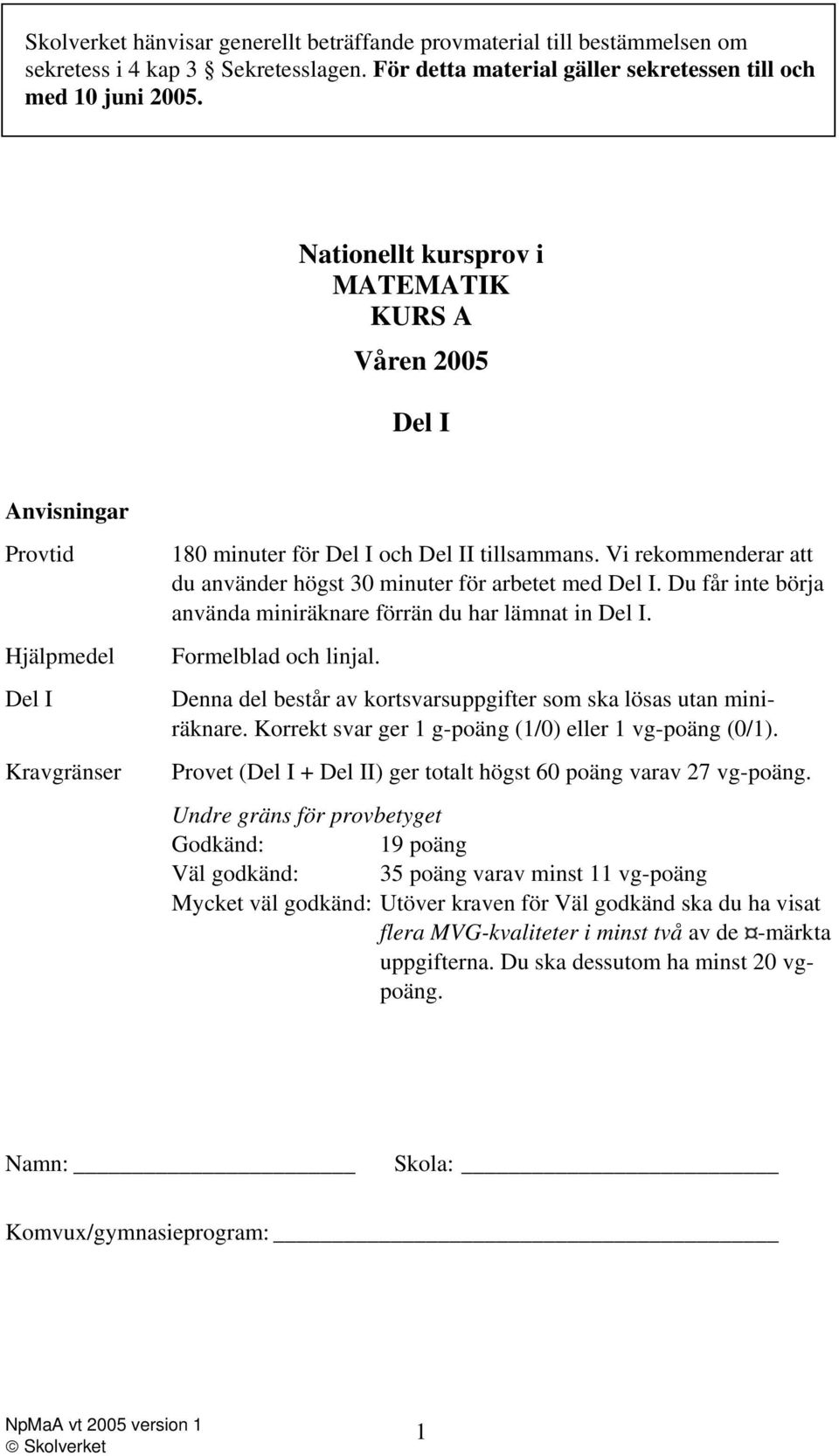 Vi rekommenderar att du använder högst 30 minuter för arbetet med Del I. Du får inte börja använda miniräknare förrän du har lämnat in Del I. Formelblad och linjal.