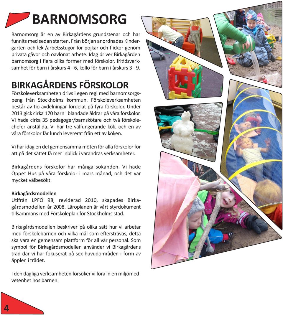 Idag driver Birkagården barnomsorg i flera olika former med förskolor, fritidsverksamhet för barn i årskurs 4-6, kollo för barn i årskurs 3-9.