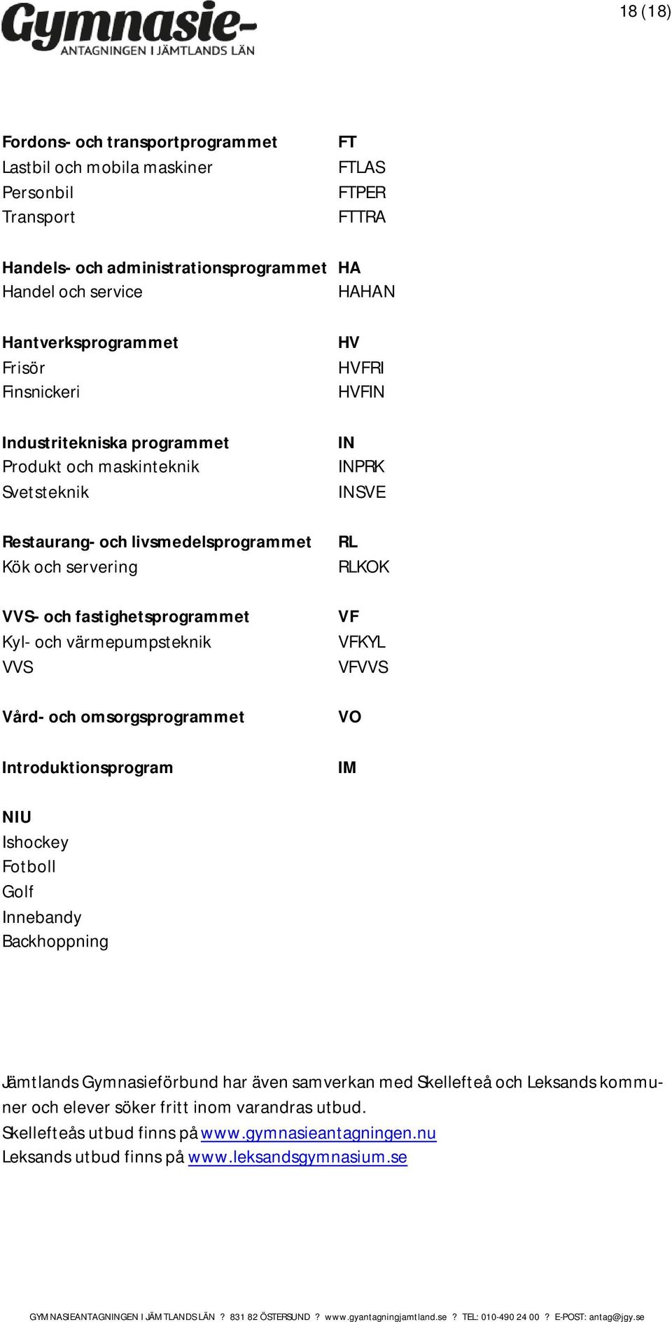 Kyl- och värmepumpsteknik VVS Vård- och omsorgsprogrammet HV HVFRI HVFIN IN INPRK INSVE RL RLKOK VF VFKYL VFVVS VO NIU Ishockey Fotboll Golf Innebandy Backhoppning Jämtlands Gymnasieförbund