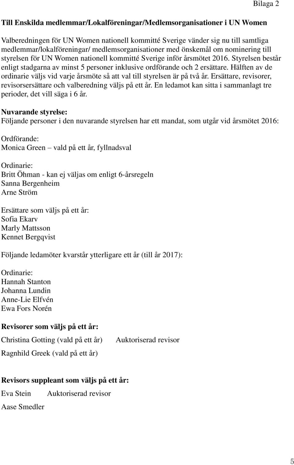 Styrelsen består enligt stadgarna av minst 5 personer inklusive ordförande och 2 ersättare. Hälften av de ordinarie väljs vid varje årsmöte så att val till styrelsen är på två år.