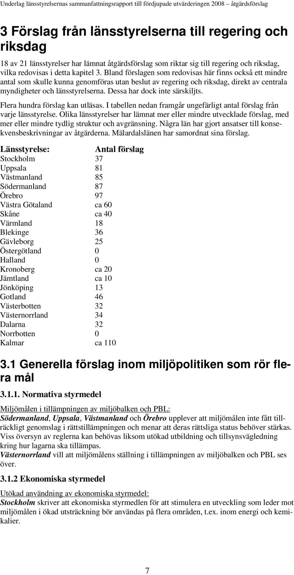 Dessa har dock inte särskiljts. Flera hundra förslag kan utläsas. I tabellen nedan framgår ungefärligt antal förslag från varje länsstyrelse.