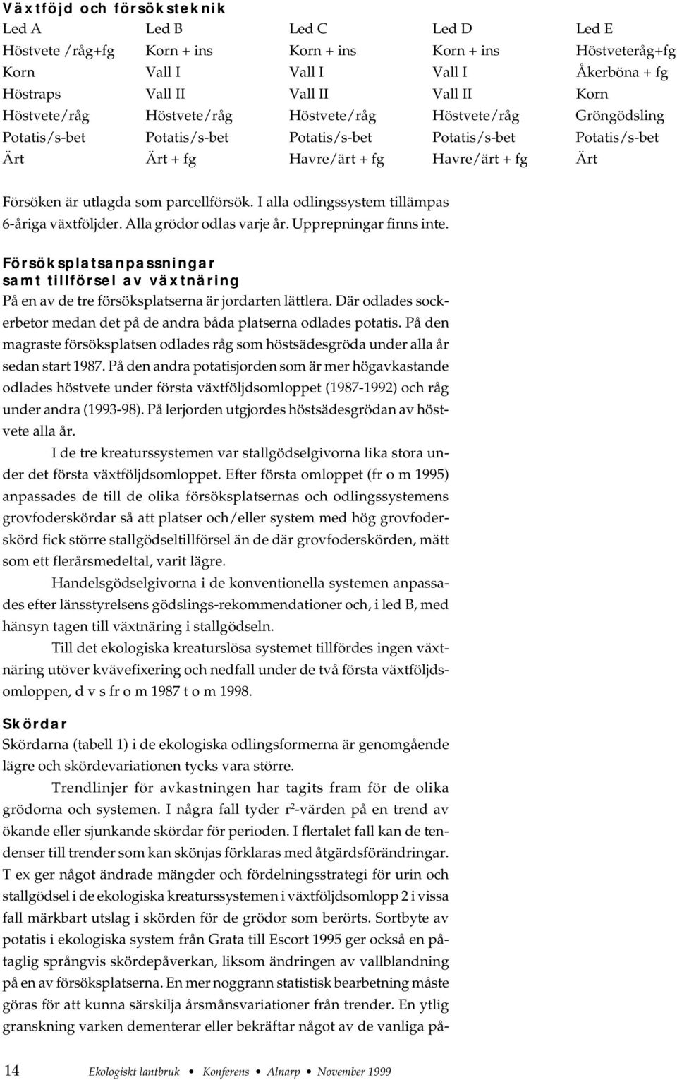 utlagda som parcellförsök. I alla odlingssystem tillämpas 6-åriga växtföljder. Alla grödor odlas varje år. Upprepningar finns inte.