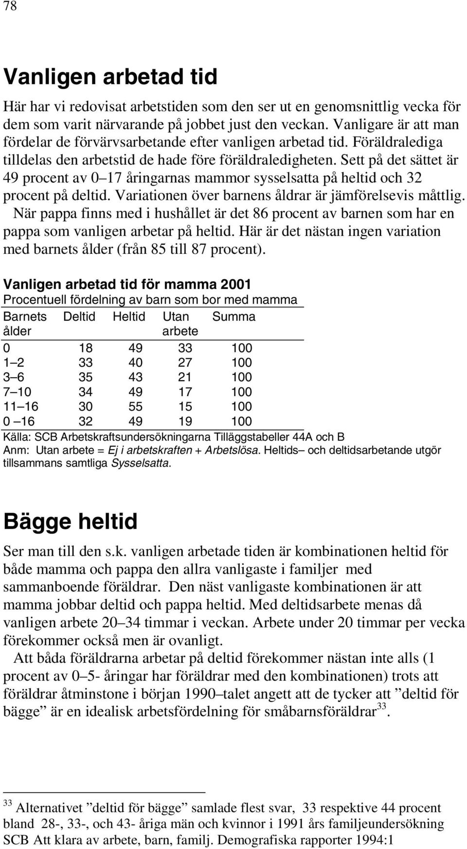 Sett på det sättet är 49 procent av 0 17 åringarnas mammor sysselsatta på heltid och 32 procent på deltid. Variationen över barnens åldrar är jämförelsevis måttlig.