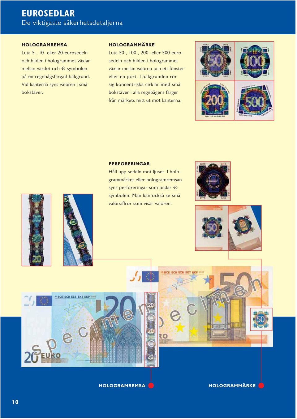 HOLOGRAMMÄRKE Luta 50-, 100-, 200- eller 500-eurosedeln och bilden i hologrammet växlar mellan valören och ett fönster eller en port.