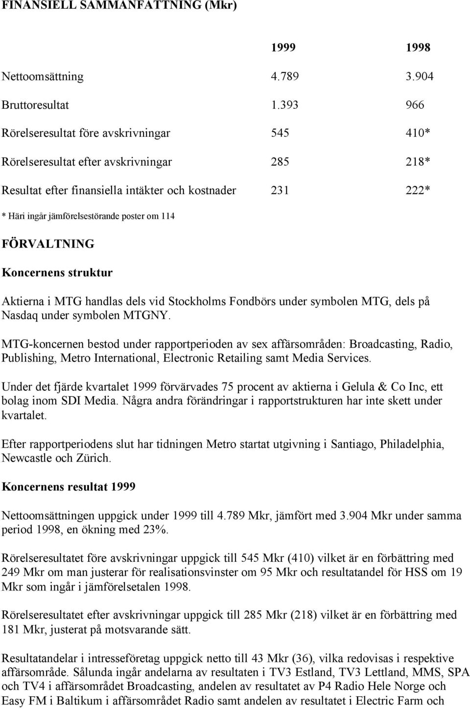 114 FÖRVALTNING Koncernens struktur Aktierna i MTG handlas dels vid Stockholms Fondbörs under symbolen MTG, dels på Nasdaq under symbolen MTGNY.