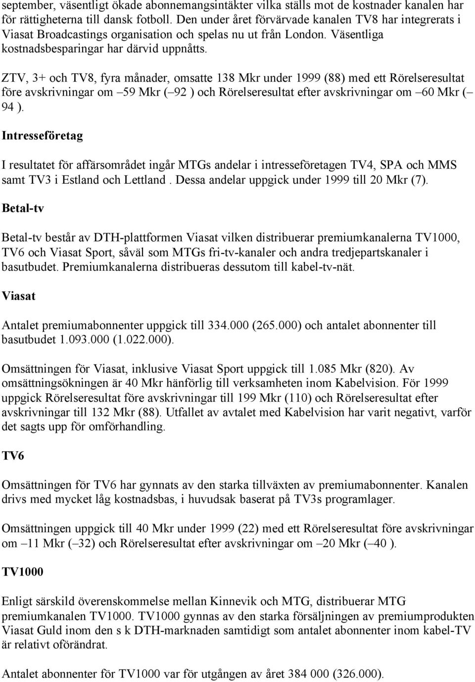 ZTV, 3+ och TV8, fyra månader, omsatte 138 Mkr under 1999 (88) med ett Rörelseresultat före avskrivningar om 59 Mkr ( 92 ) och Rörelseresultat efter avskrivningar om 60 Mkr ( 94 ).