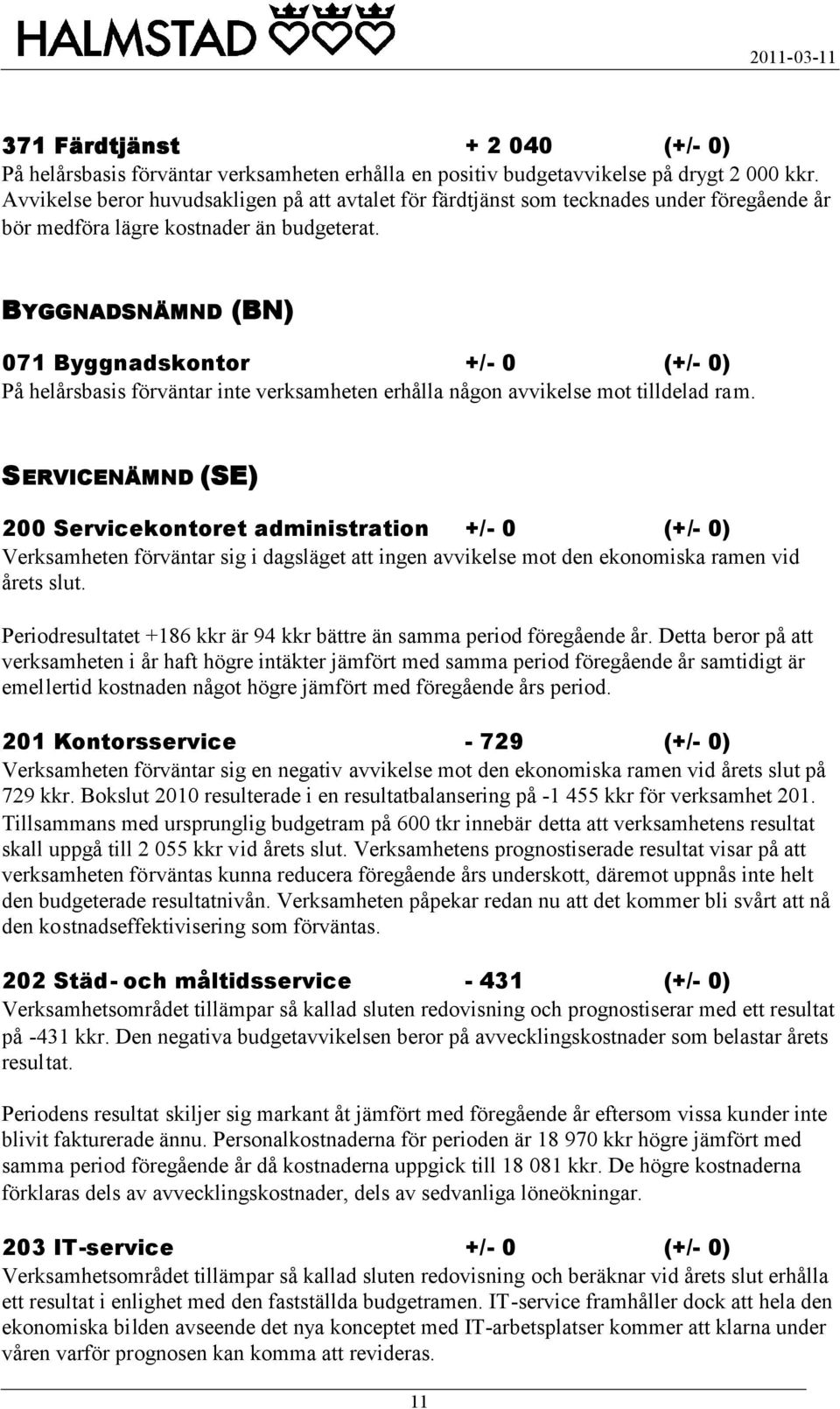 BYGGNADSNÄMND (BN) 071 Byggnadskontor +/- 0 (+/- 0) På helårsbasis förväntar inte verksamheten erhålla någon avvikelse mot tilldelad ram.