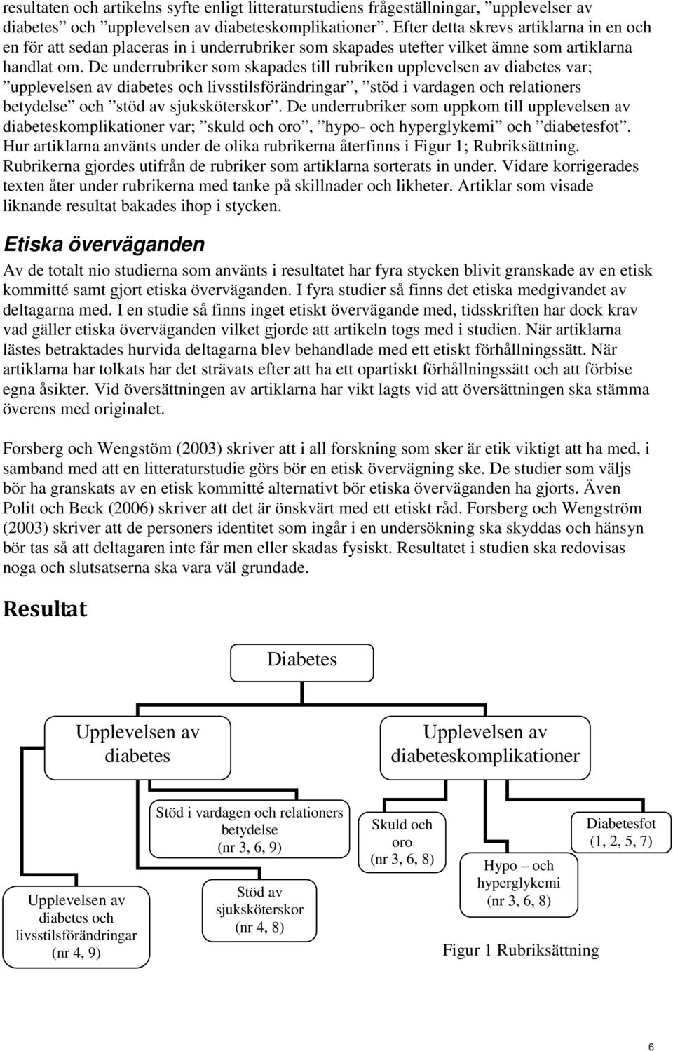 De underrubriker som skapades till rubriken upplevelsen av diabetes var; upplevelsen av diabetes och livsstilsförändringar, stöd i vardagen och relationers betydelse och stöd av sjuksköterskor.