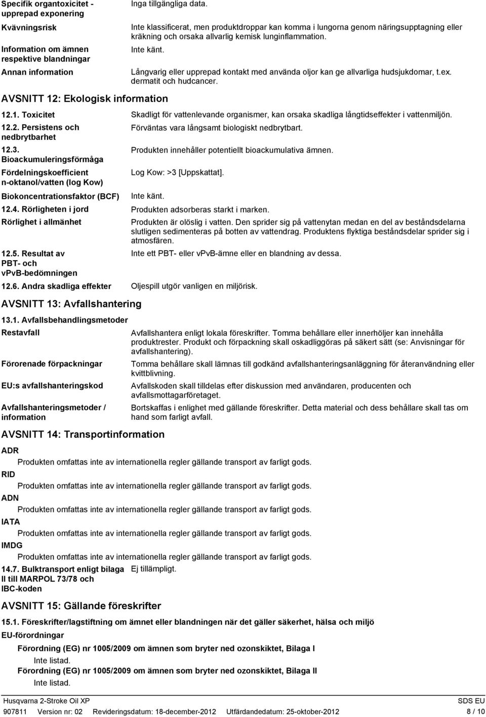 Långvarig eller upprepad kontakt med använda oljor kan ge allvarliga hudsjukdomar, t.ex. dermatit och hudcancer. AVSNITT 12