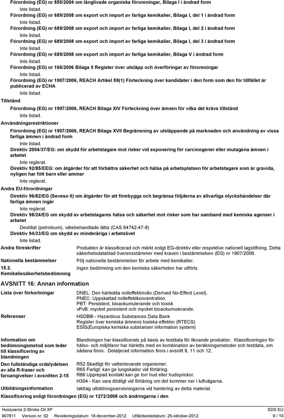 form Förordning (EG) nr 689/2008 om export och import av farliga kemikalier, Bilaga V i ändrad form Förordning (EG) nr 166/2006 Bilaga II Register över utsläpp och överföringar av föroreningar