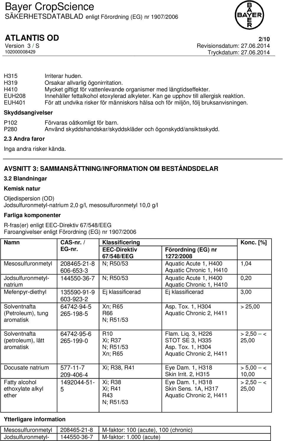 P280 Använd skyddshandskar/skyddskläder och ögonskydd/ansiktsskydd. 2.3 Andra faror Inga andra risker kända. AVSNITT 3: SAMMANSÄTTNING/INFORMATION OM BESTÅNDSDELAR 3.