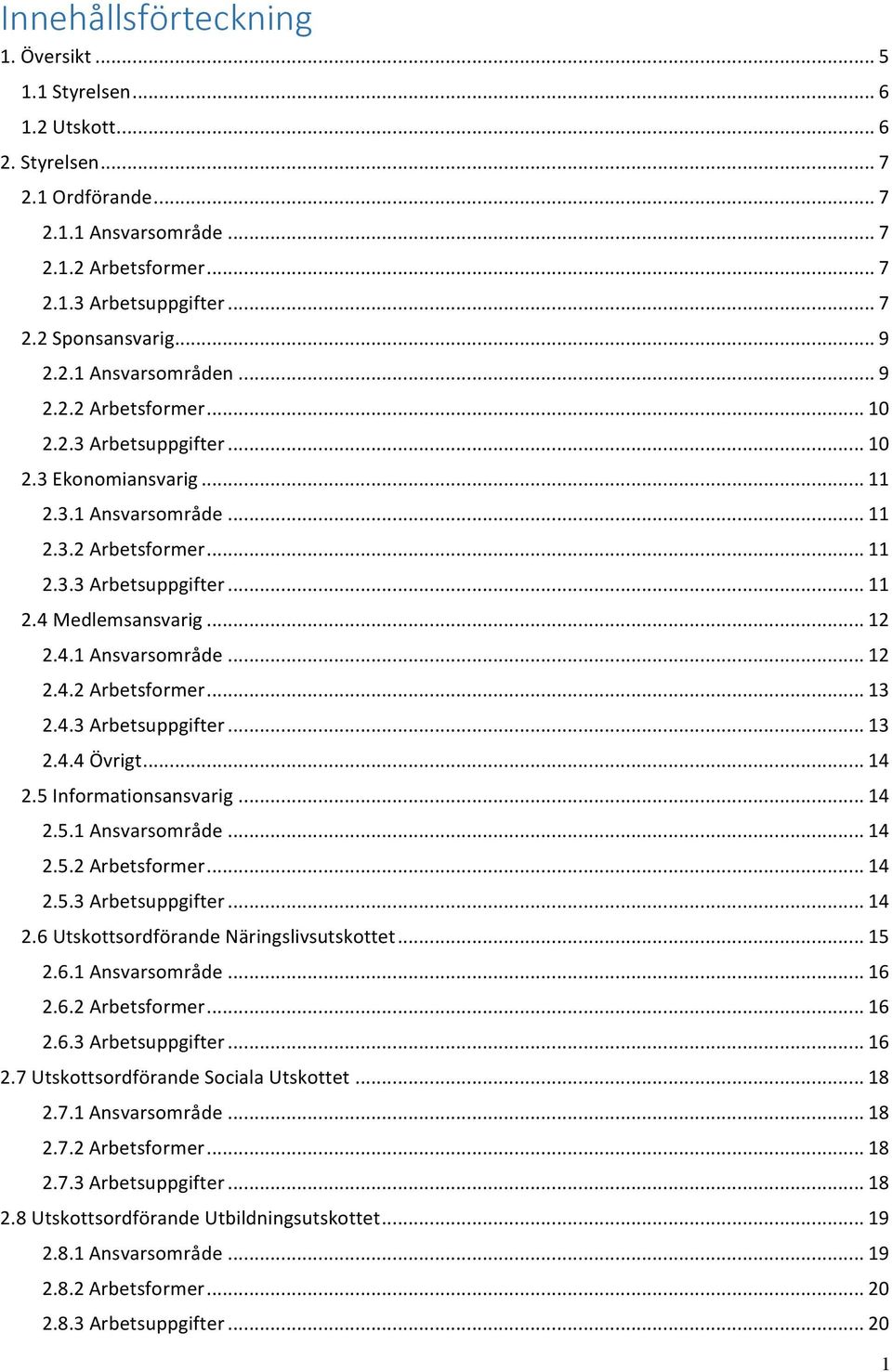 .. 12 2.4.1 Ansvarsområde... 12 2.4.2 Arbetsformer... 13 2.4.3 Arbetsuppgifter... 13 2.4.4 Övrigt... 14 2.5 Informationsansvarig... 14 2.5.1 Ansvarsområde... 14 2.5.2 Arbetsformer... 14 2.5.3 Arbetsuppgifter... 14 2.6 Utskottsordförande Näringslivsutskottet.