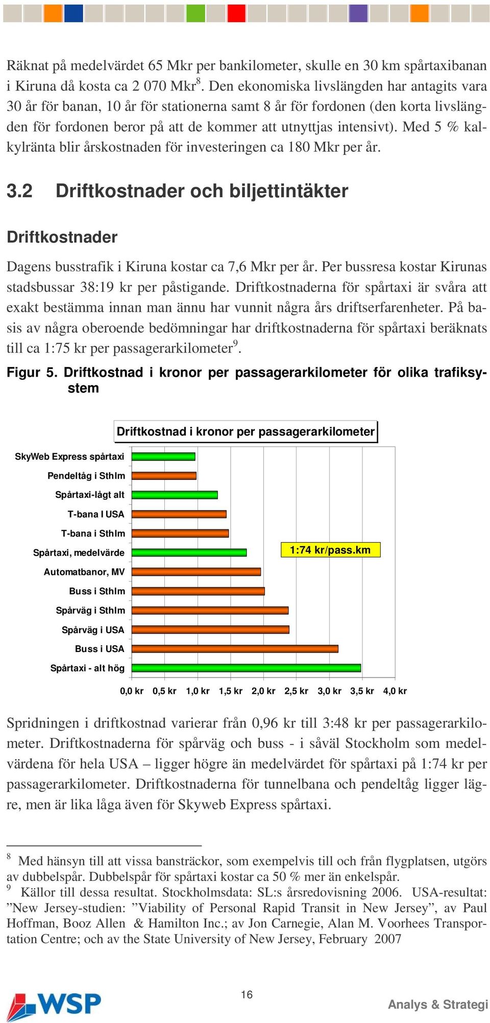 Med 5 % kalkylränta blir årskostnaden för investeringen ca 180 Mkr per år. 3.2 Driftkostnader och biljettintäkter Driftkostnader Dagens busstrafik i Kiruna kostar ca 7,6 Mkr per år.