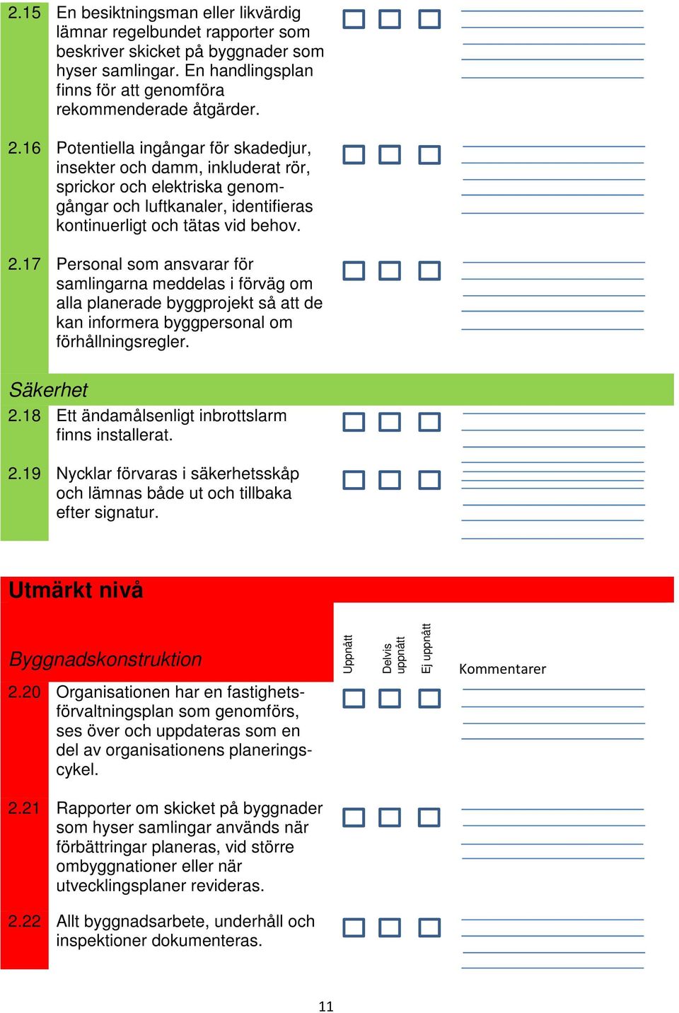 17 Personal som ansvarar för samlingarna meddelas i förväg om alla planerade byggprojekt så att de kan informera byggpersonal om förhållningsregler. Säkerhet 2.