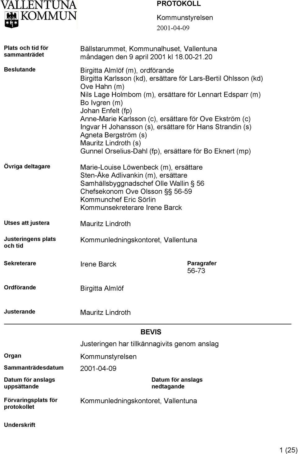 20 Birgitta Almlöf (m), ordförande Birgitta Karlsson (kd), ersättare för Lars-Bertil Ohlsson (kd) Ove Hahn (m) Nils Lage Holmbom (m), ersättare för Lennart Edsparr (m) Bo Ivgren (m) Johan Enfelt (fp)