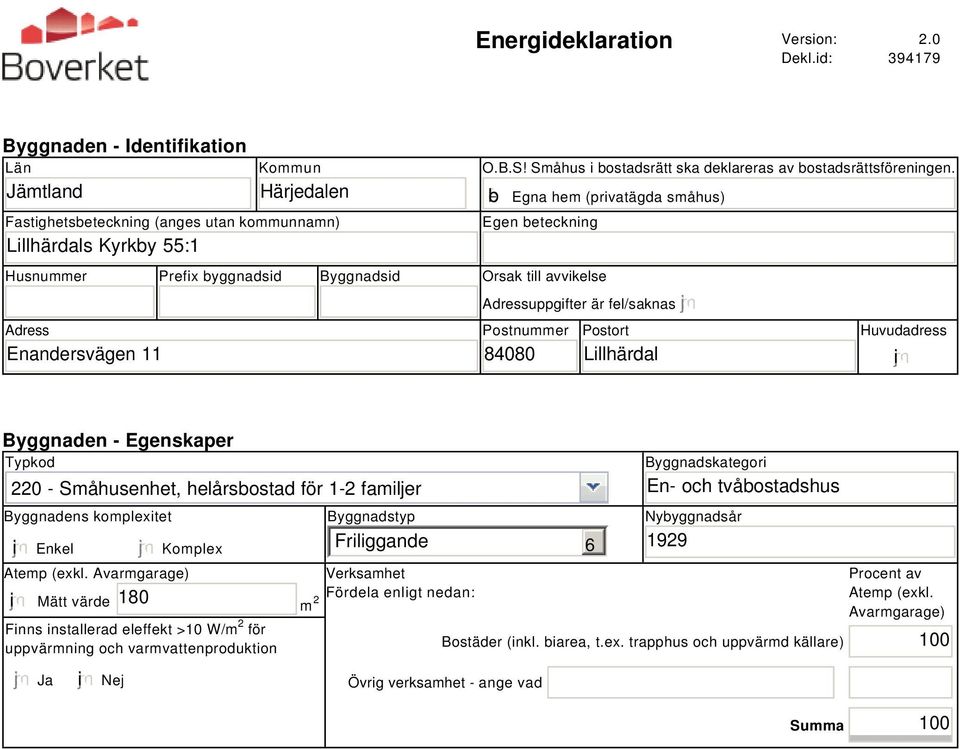 b Egna hem (privatägda småhus) Egen beteckning Husnummer Prefix byggnadsid Byggnadsid Orsak till avvikelse Adress Enandersvägen 11 Adressuppgifter är fel/saknas Postnummer 84080 Postort Lillhärdal