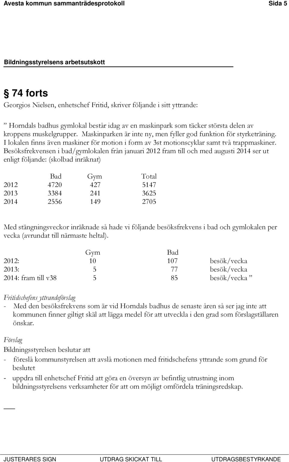 Besöksfrekvensen i bad/gymlokalen från januari 2012 fram till och med augusti 2014 ser ut enligt följande: (skolbad inräknat) Bad Gym Total 2012 4720 427 5147 2013 3384 241 3625 2014 2556 149 2705