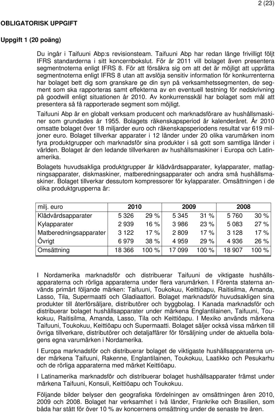 För att försäkra sig om att det är möjligt att upprätta segmentnoterna enligt IFRS 8 utan att avslöja sensitiv information för konkurrenterna har bolaget bett dig som granskare ge din syn på