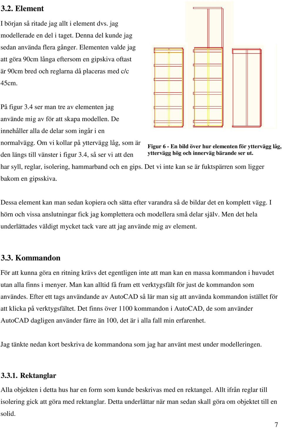 De innehåller alla de delar som ingår i en normalvägg. Om vi kollar på yttervägg låg, som är den längs till vänster i figur 3.4, så ser vi att den har syll, reglar, isolering, hammarband och en gips.