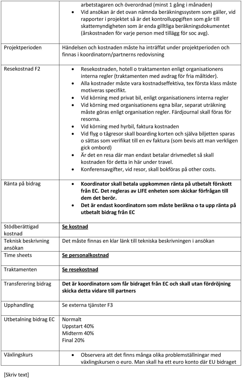 Projektperioden Händelsen och kostnaden måste ha inträffat under projektperioden och finnas i koordinatorn/partnerns redovisning Resekostnad F2 Resekostnaden, hotell o traktamenten enligt