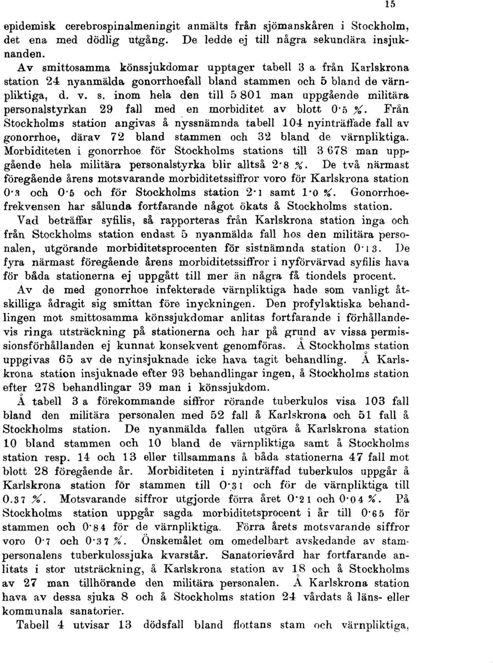 5 %. Från Stockholms station angivas å nyssnämnda tabell 104 nyinträffade fall av gonorrhoe, därav 72 bland stammen och 32 bland de värnpliktiga.