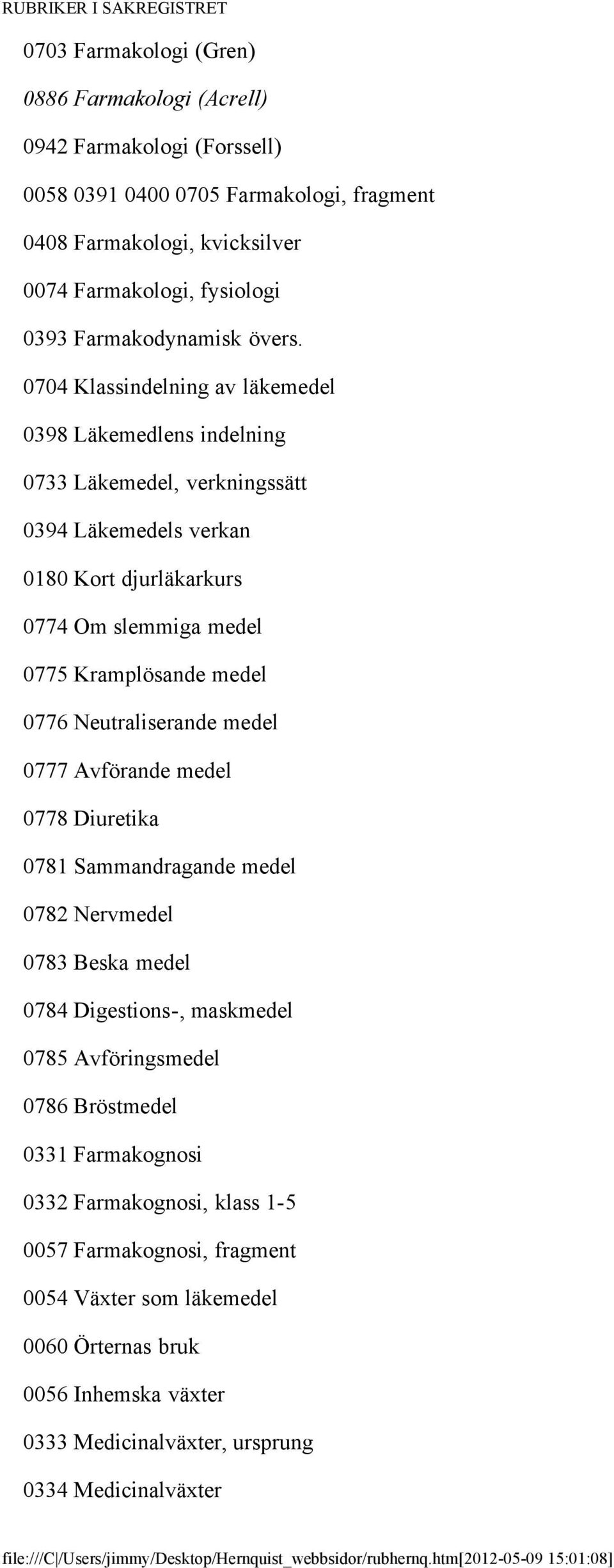 0704 Klassindelning av läkemedel 0398 Läkemedlens indelning 0733 Läkemedel, verkningssätt 0394 Läkemedels verkan 0180 Kort djurläkarkurs 0774 Om slemmiga medel 0775 Kramplösande medel 0776