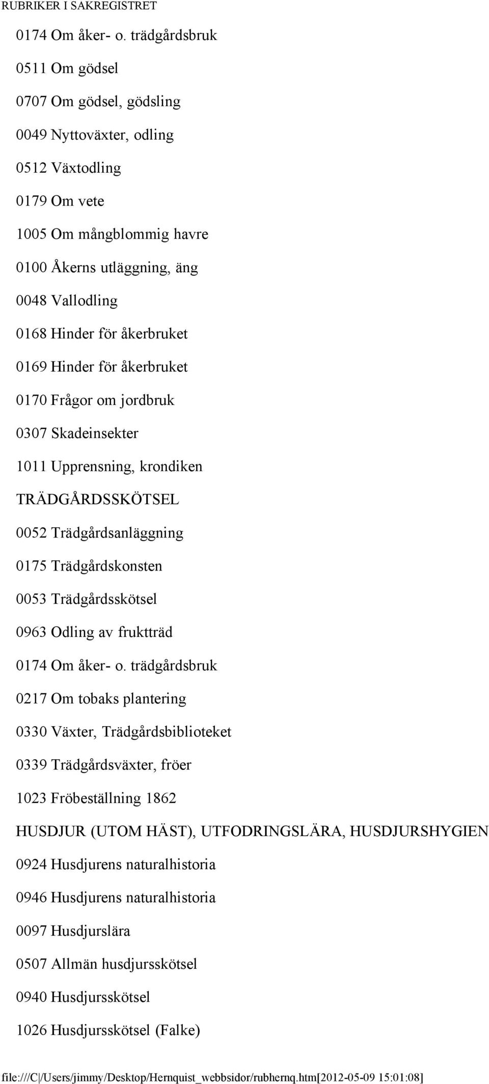 åkerbruket 0169 Hinder för åkerbruket 0170 Frågor om jordbruk 0307 Skadeinsekter 1011 Upprensning, krondiken TRÄDGÅRDSSKÖTSEL 0052 Trädgårdsanläggning 0175 Trädgårdskonsten 0053 Trädgårdsskötsel 0963