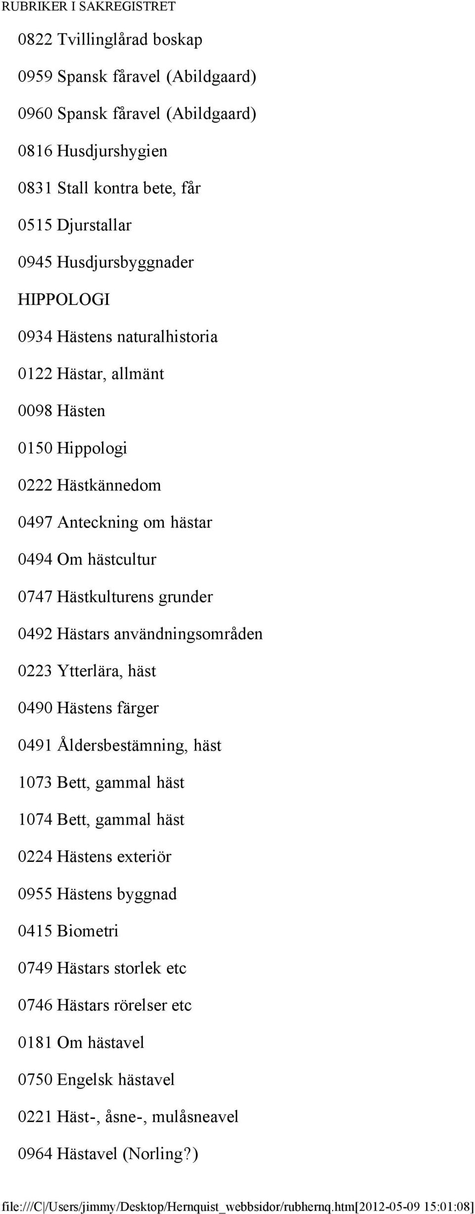 Hästars användningsområden 0223 Ytterlära, häst 0490 Hästens färger 0491 Åldersbestämning, häst 1073 Bett, gammal häst 1074 Bett, gammal häst 0224 Hästens exteriör 0955 Hästens byggnad 0415 Biometri