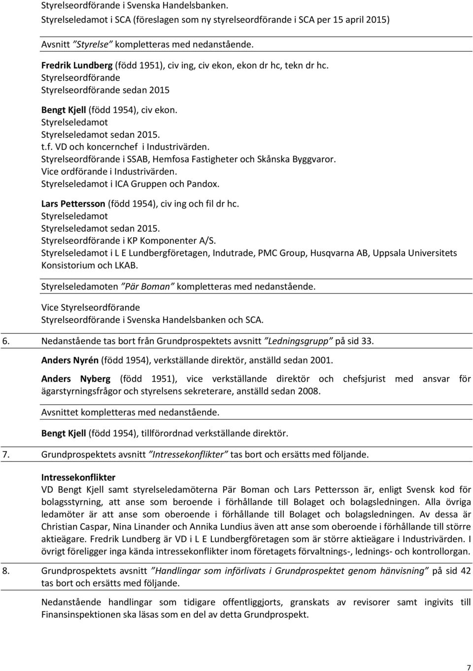 Styrelseordförande i SSAB, Hemfosa Fastigheter och Skånska Byggvaror. Vice ordförande i Industrivärden. i ICA Gruppen och Pandox. Lars Pettersson (född 1954), civ ing och fil dr hc. sedan 2015.