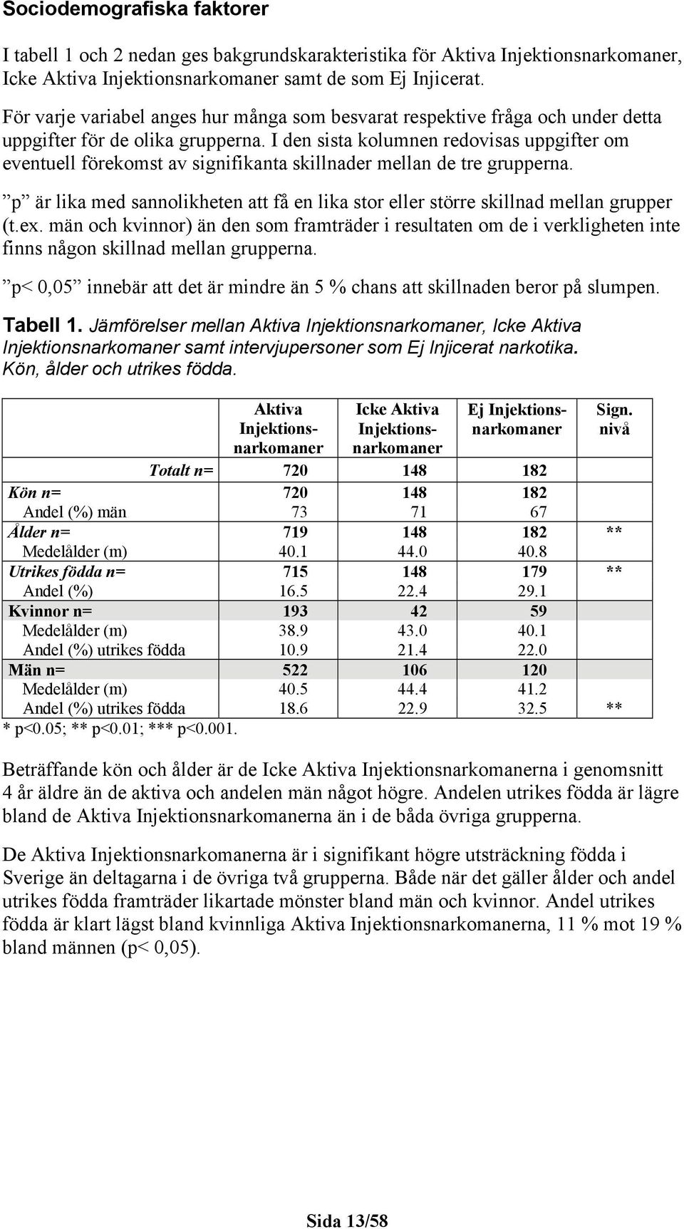 I den sista kolumnen redovisas uppgifter om eventuell förekomst av signifikanta skillnader mellan de tre grupperna.