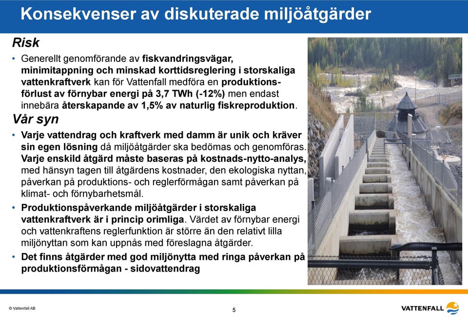 Vår syn Varje vattendrag och kraftverk med damm är unik och kräver sin egen lösning då miljöåtgärder ska bedömas och genomföras.