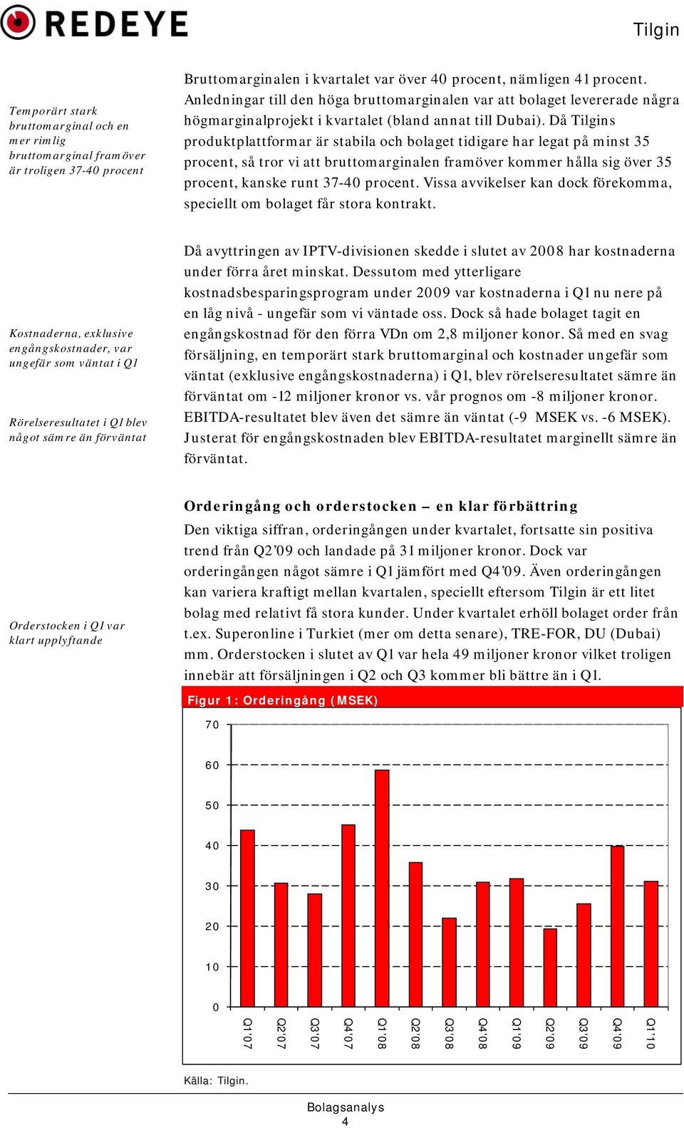 Då Tilgins produktplattformar är stabila och bolaget tidigare har legat på minst 35 procent, så tror vi att bruttomarginalen framöver kommer hålla sig över 35 procent, kanske runt 37-40 procent.