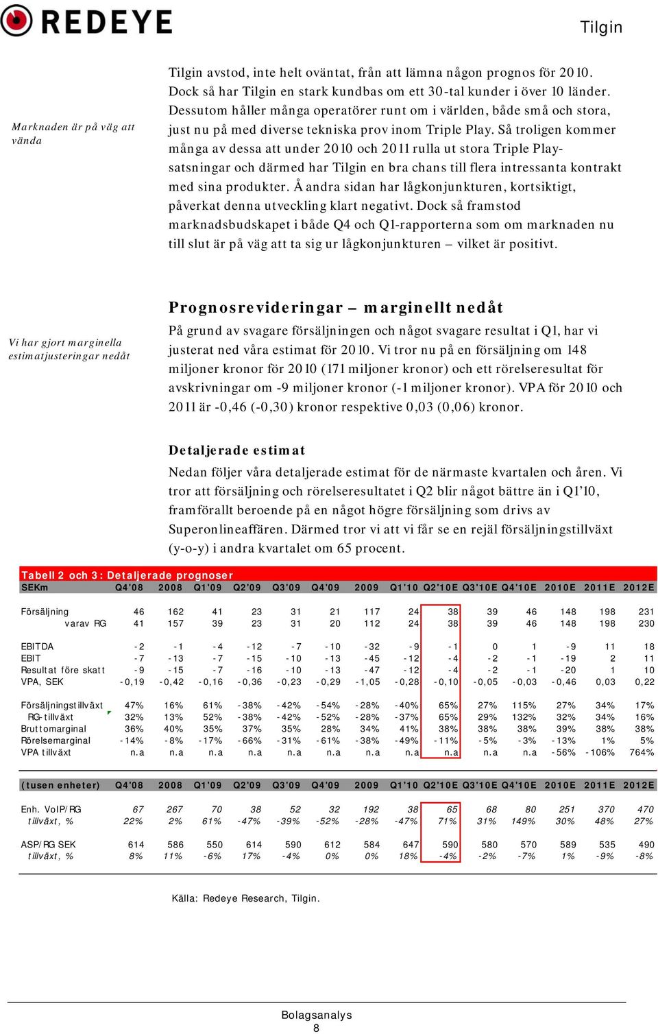 Så troligen kommer många av dessa att under 2010 och 2011 rulla ut stora Triple Playsatsningar och därmed har Tilgin en bra chans till flera intressanta kontrakt med sina produkter.