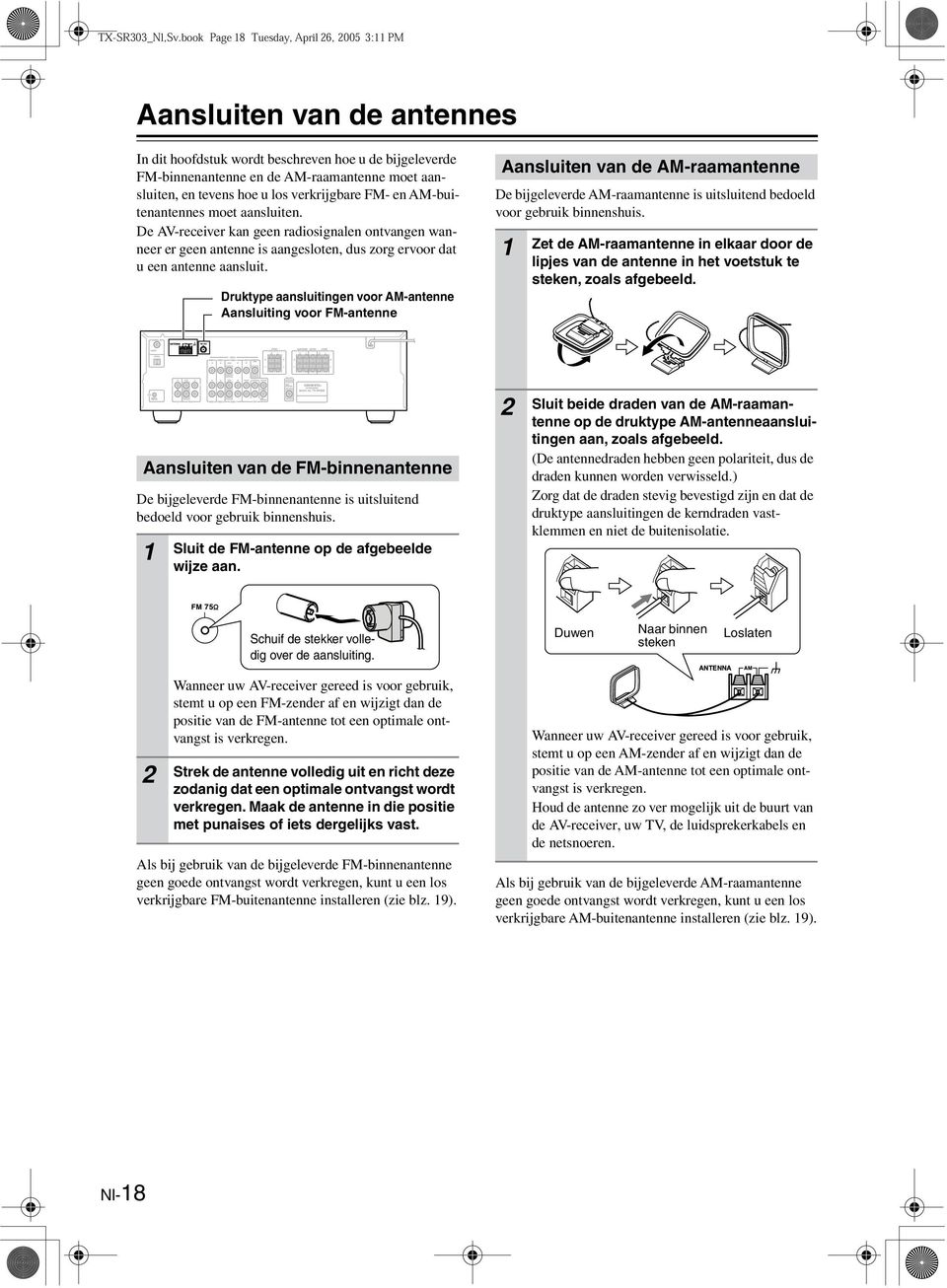 Druktype aansluitingen voor AM-antenne Aansluiting voor FM-antenne Aansluiten van de AM-raamantenne De bijgeleverde AM-raamantenne is uitsluitend bedoeld voor gebruik binnenshuis.