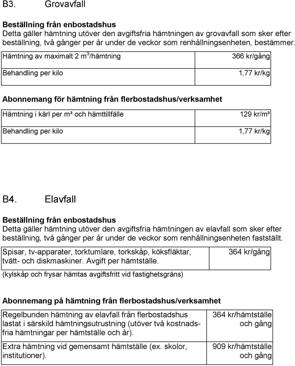 Hämtning av maximalt 2 m 3 /hämtning Behandling per kilo 366 kr/gång 1,77 kr/kg Abonnemang för hämtning från flerbostadshus/verksamhet Hämtning i kärl per m³ och hämttillfälle Behandling per kilo 129