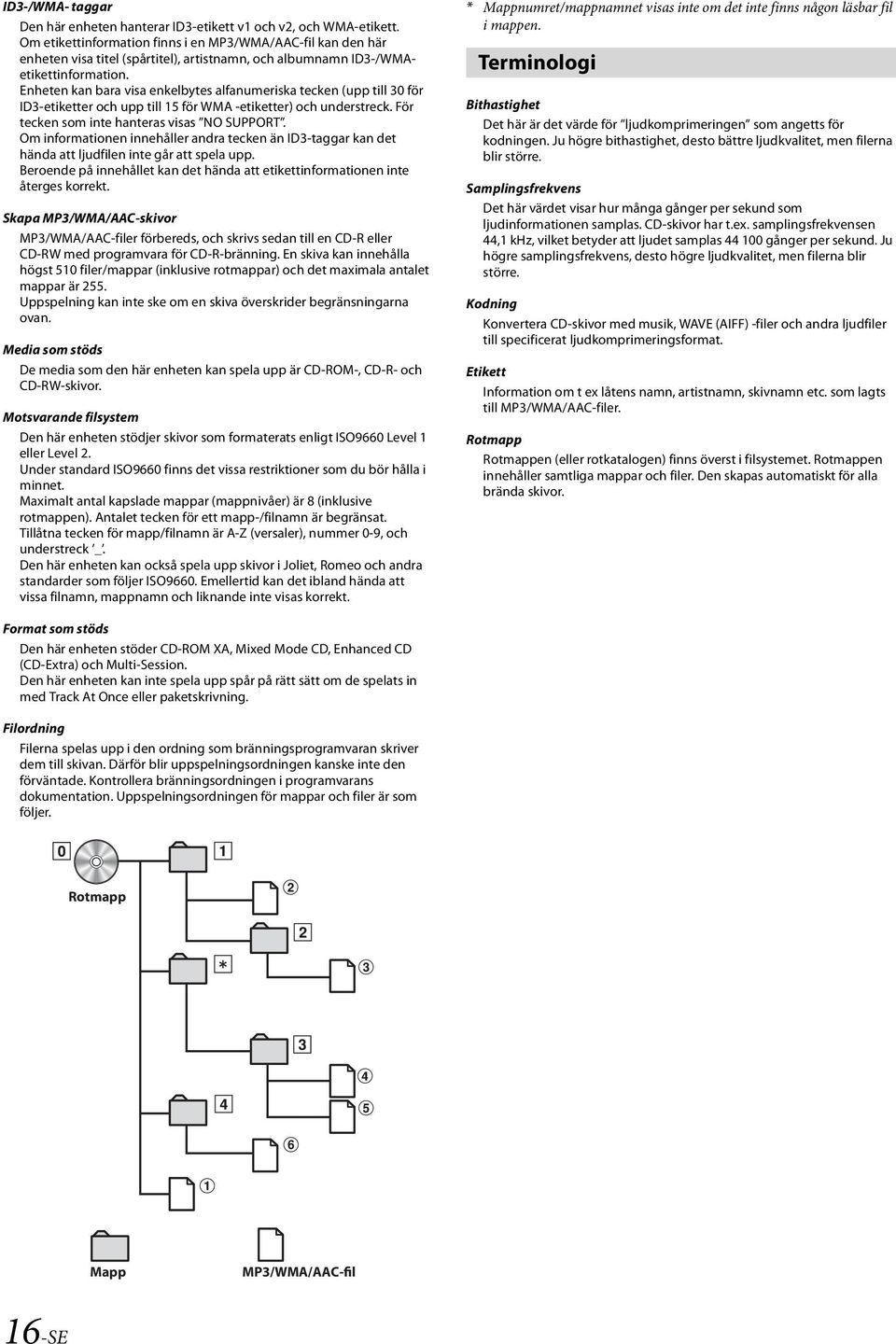 Enheten kan bara visa enkelbytes alfanumeriska tecken (upp till 30 för ID3-etiketter och upp till 15 för WMA -etiketter) och understreck. För tecken som inte hanteras visas NO SUPPORT.