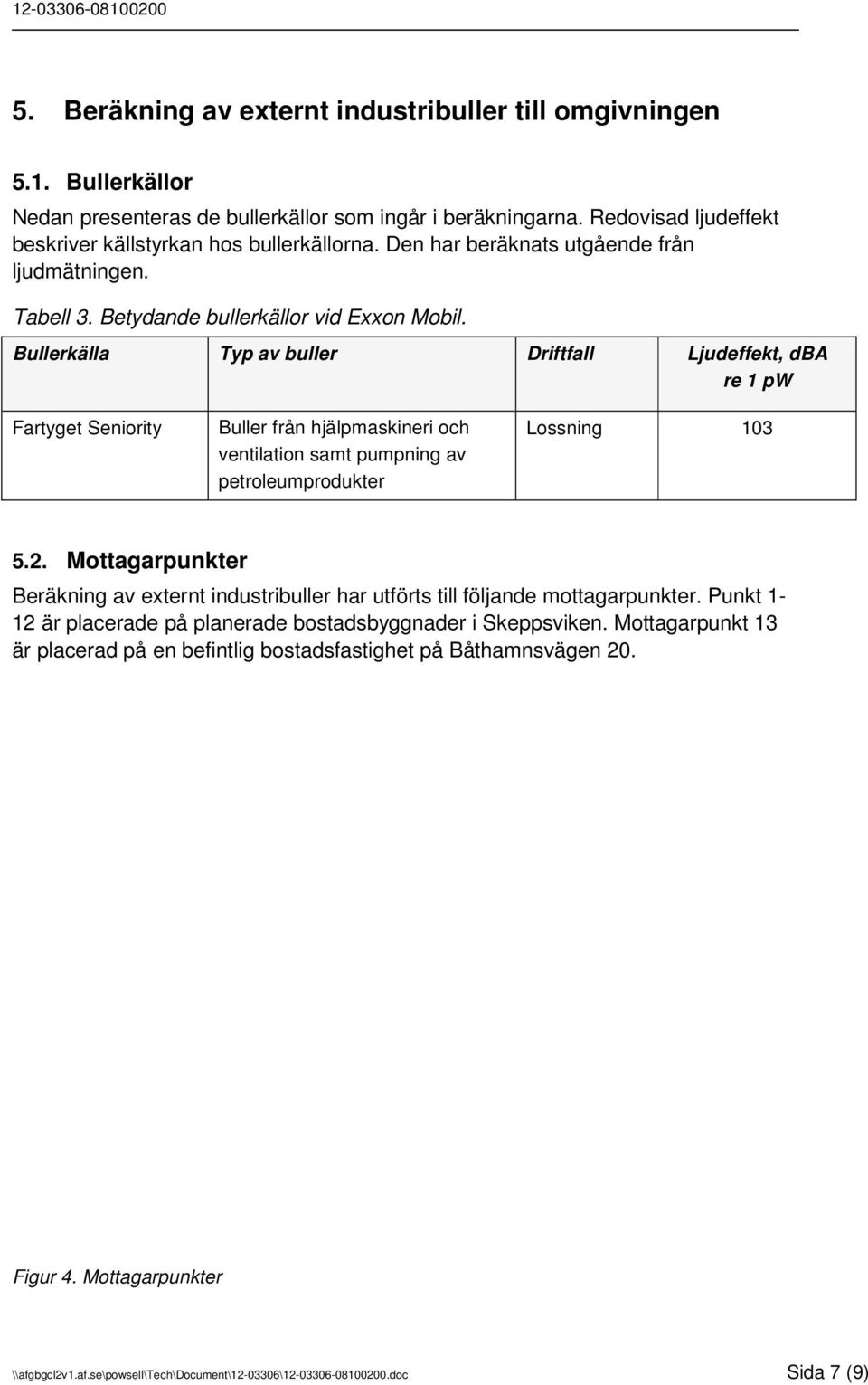 Bullerkälla Typ av buller Driftfall Ljudeffekt, dba re 1 pw Fartyget Seniority Buller från hjälpmaskineri och ventilation samt pumpning av petroleumprodukter Lossning 103 5.2.