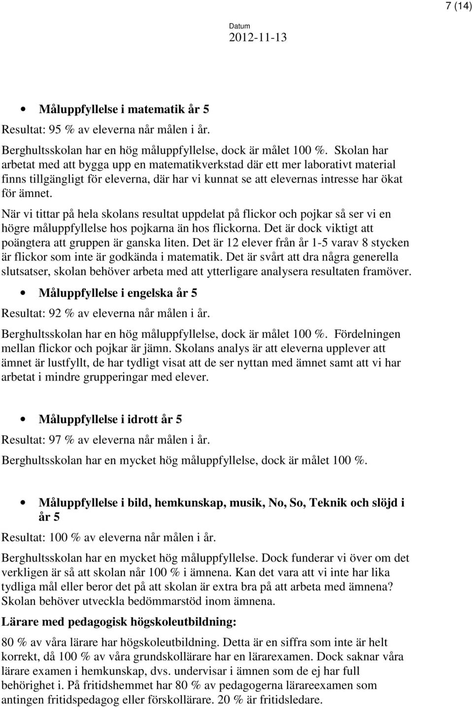 När vi tittar på hela skolans resultat uppdelat på flickor och pojkar så ser vi en högre måluppfyllelse hos pojkarna än hos flickorna. Det är dock viktigt att poängtera att gruppen är ganska liten.