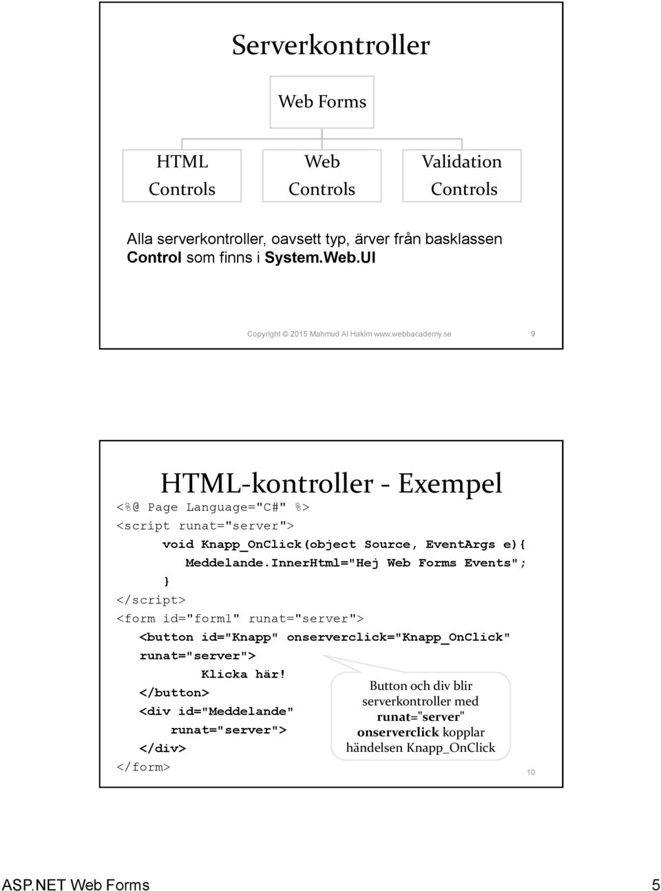 InnerHtml="Hej Web Forms Events"; </script> <button id="knapp" onserverclick="knapp_onclick" runat="server"> Klicka här!