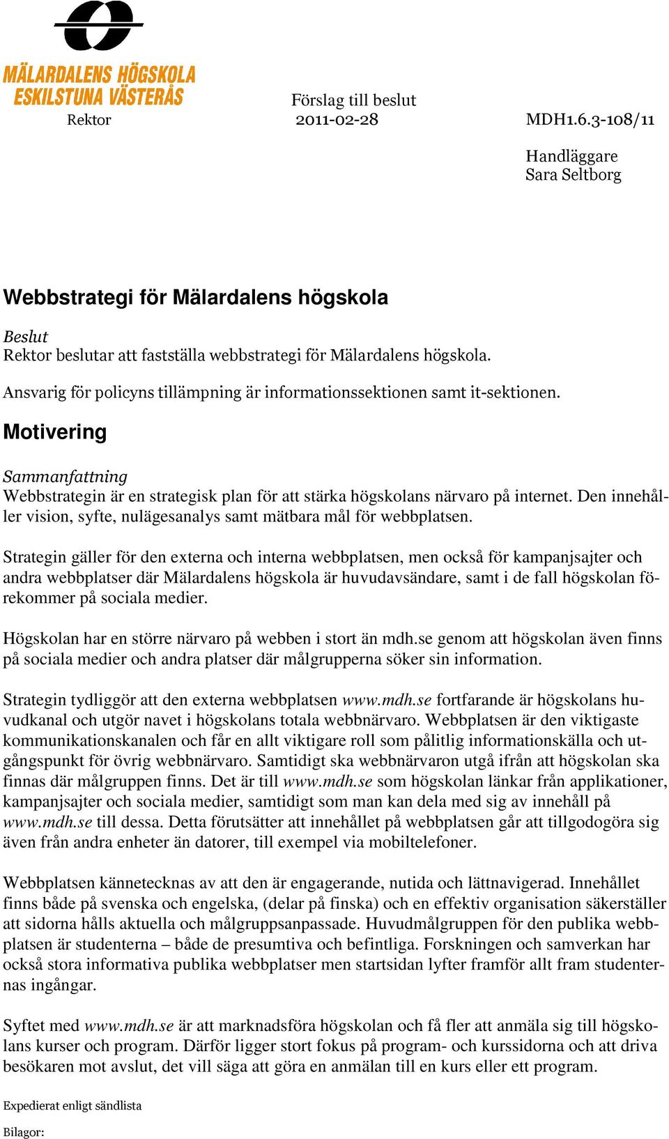 Den innehåller vision, syfte, nulägesanalys samt mätbara mål för webbplatsen.