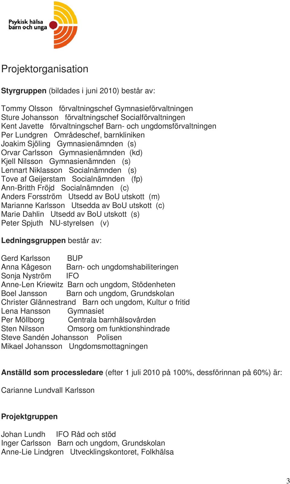 Niklasson Socialnämnden (s) Tove af Geijerstam Socialnämnden (fp) Ann-Britth Fröjd Socialnämnden (c) Anders Forsström Utsedd av BoU utskott (m) Marianne Karlsson Utsedda av BoU utskott (c) Marie