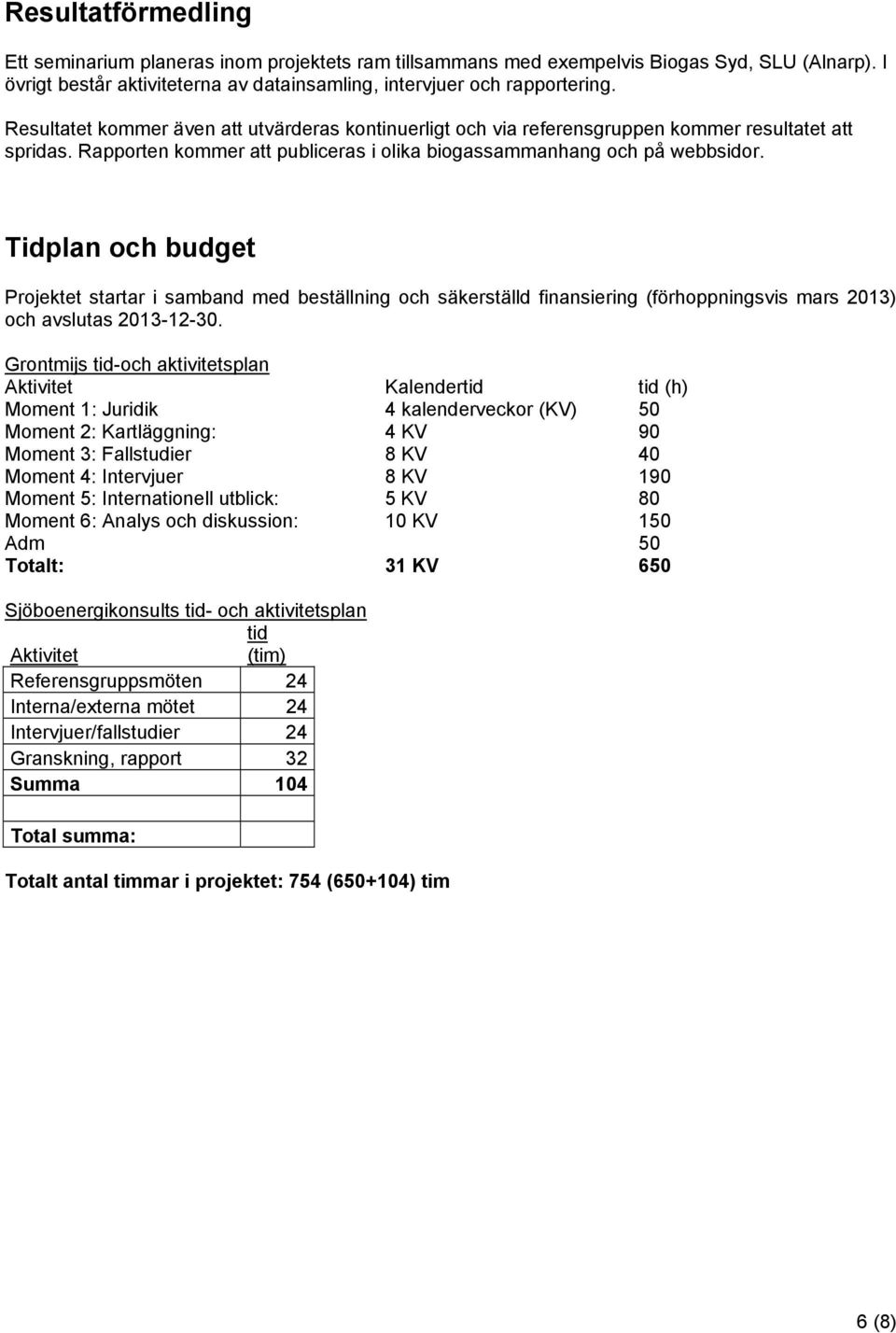 Tidplan och budget Projektet startar i samband med beställning och säkerställd finansiering (förhoppningsvis mars 2013) och avslutas 2013-12-30.