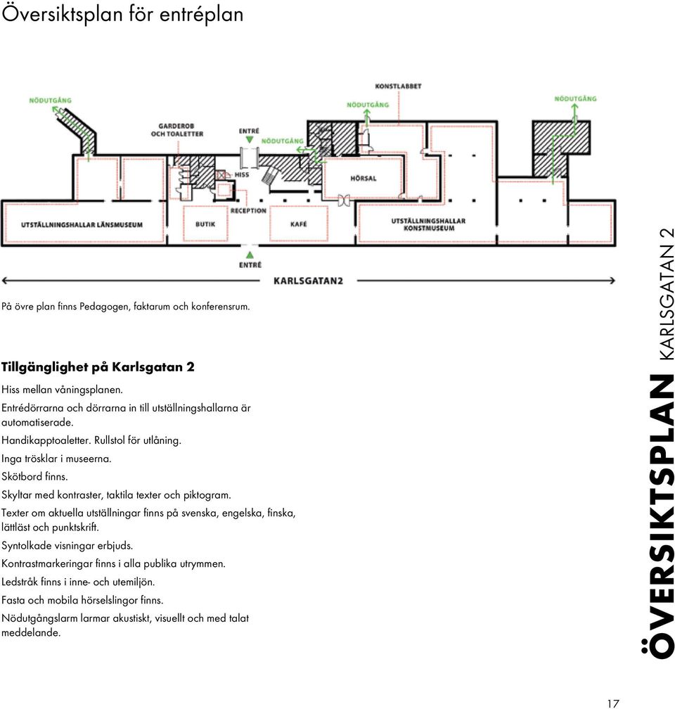 Skyltar med kontraster, taktila texter och piktogram. Texter om aktuella utställningar finns på svenska, engelska, finska, lättläst och punktskrift.
