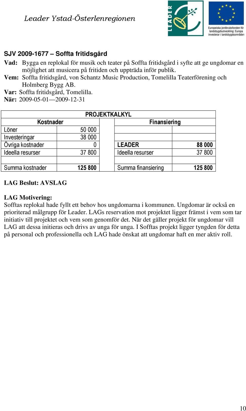 När: 2009-05-0 2009-2-3 Löner 50 000 Investeringar 38 000 Övriga kostnader 0 LEADER 88 000 Ideella resurser 37 800 Ideella resurser 37 800 Summa kostnader 25 800 Summa finansiering 25 800 LAG Beslut: