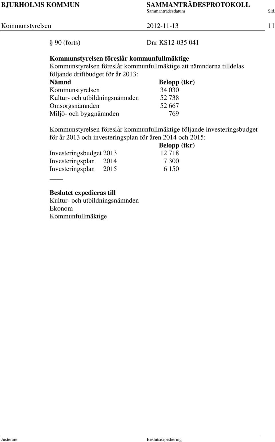 byggnämnden 769 Kommunstyrelsen föreslår kommunfullmäktige följande investeringsbudget för år 2013 och investeringsplan för åren 2014 och 2015: Belopp (tkr)