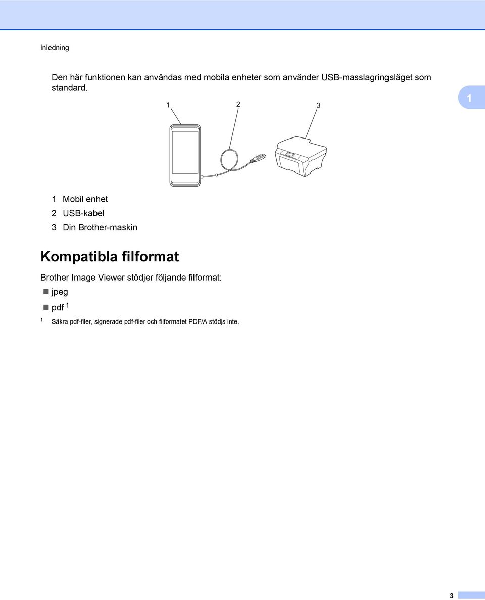 1 3 1 1 Mobil enhet USB-kabel 3 Din Brother-maskin Kompatibla filformat Brother