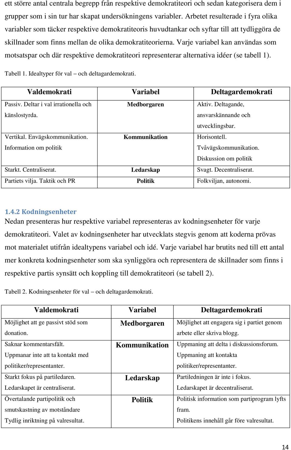 Varje variabel kan användas som motsatspar och där respektive demokratiteori representerar alternativa idéer (se tabell 1). Tabell 1. Idealtyper för val och deltagardemokrati.