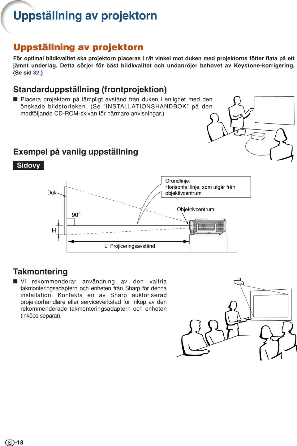 ) Standarduppställning (frontprojektion) Placera projektorn på lämpligt avstånd från duken i enlighet med den önskade bildstorleken.